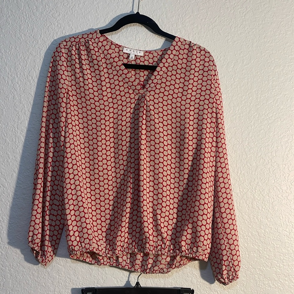 Women’s Chaus blouse-red background w tan polka dots. Great work blouse!
